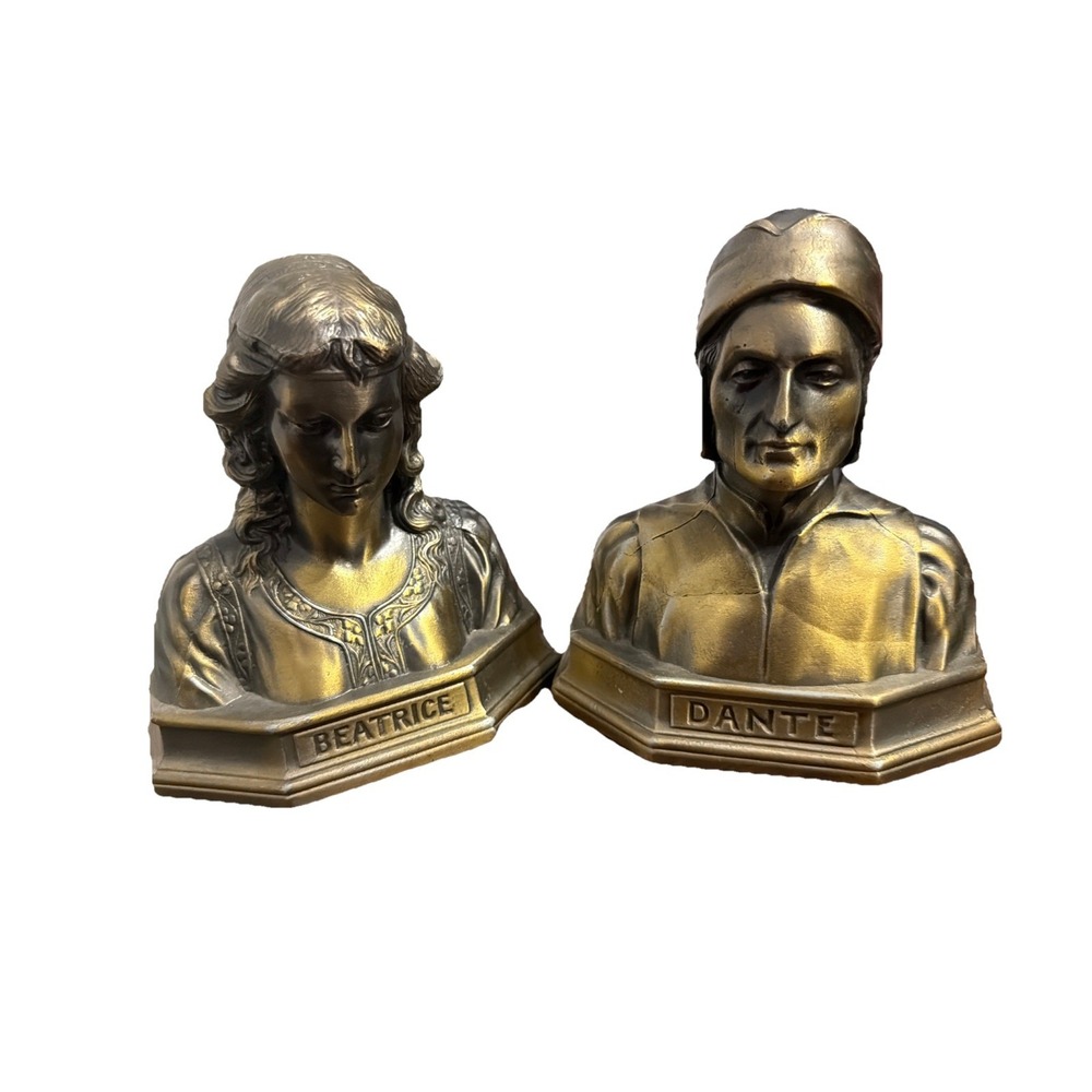 Pair of Early 20th Century Bookends Gilded Clad Statue Dante & Beatrice Vintage
